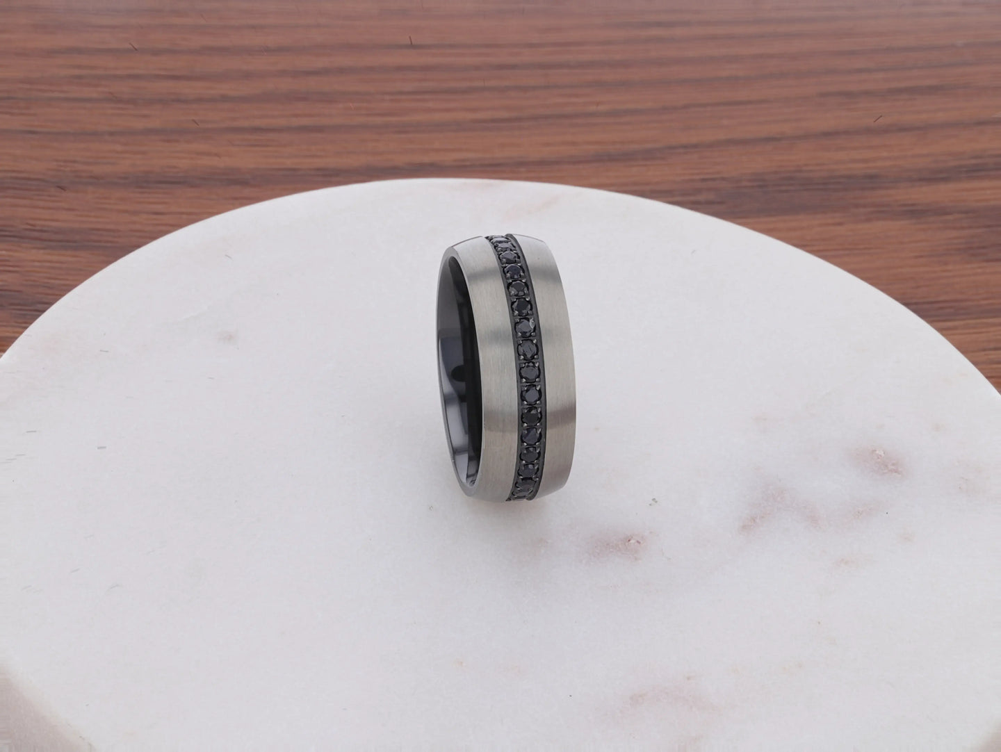 AVIATOR Domed Brushed Titanium Men's Wedding Band with Black Sapphire Stones Inlay - 8mm - Larson Jewelers