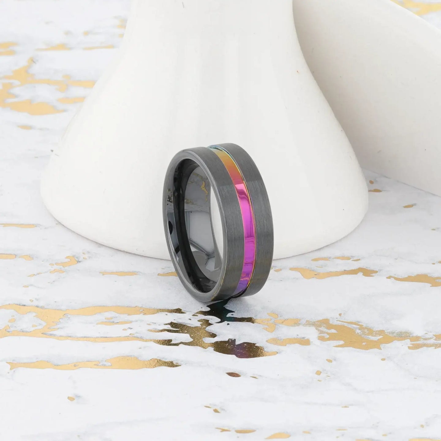 AZURE Flat Black Ceramic Ring Brushed with Rainbow Groove - 4mm - 8mm - Larson Jewelers