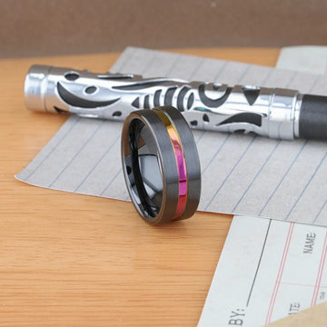 AZURE Flat Black Ceramic Ring Brushed with Rainbow Groove - 4mm - 8mm - Larson Jewelers