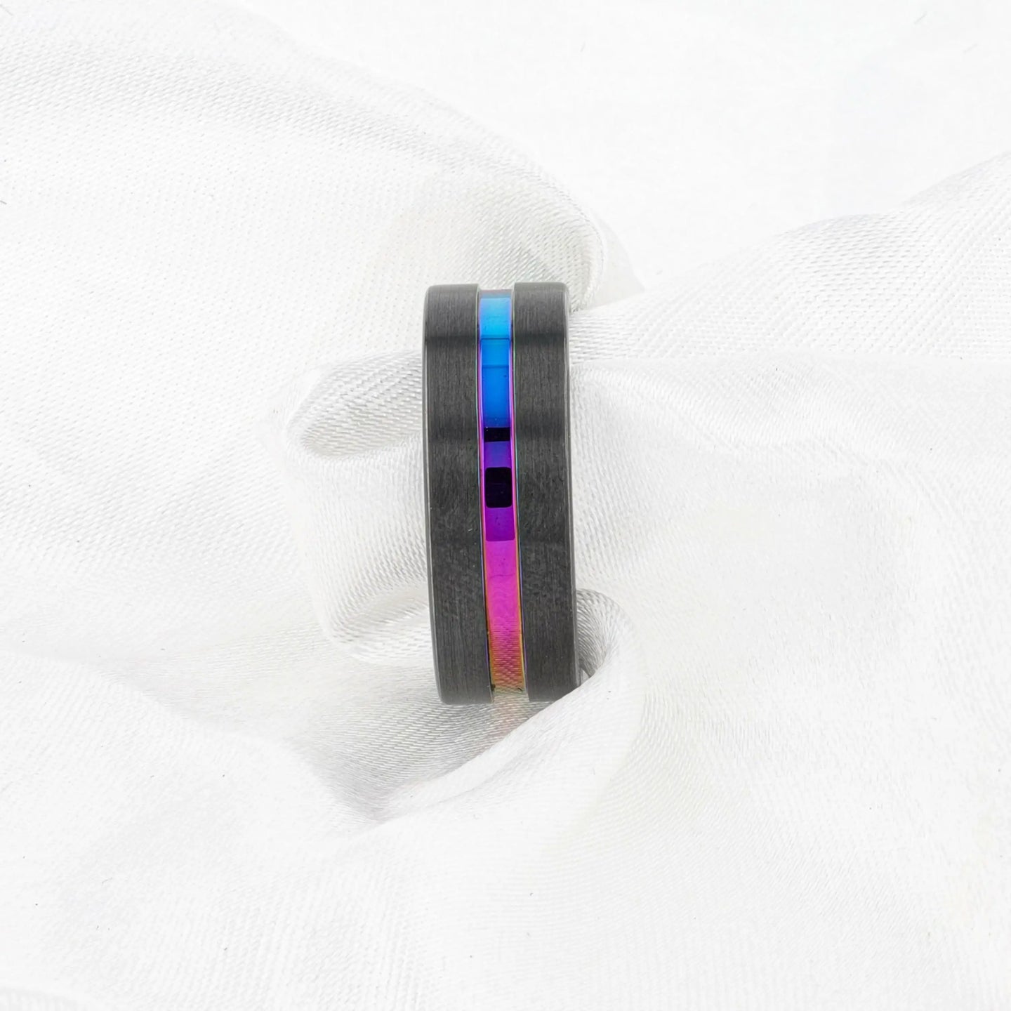 AZURE Flat Black Ceramic Ring Brushed with Rainbow Groove - 4mm - 8mm - Larson Jewelers