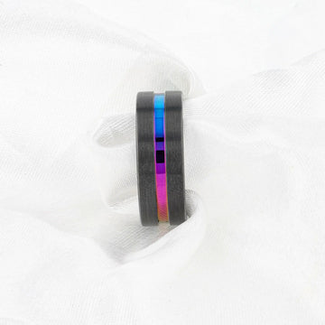 AZURE Flat Black Ceramic Ring Brushed with Rainbow Groove - 4mm - 8mm - Larson Jewelers