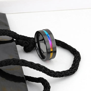 AZURE Flat Black Ceramic Ring Brushed with Rainbow Groove - 4mm - 8mm - Larson Jewelers
