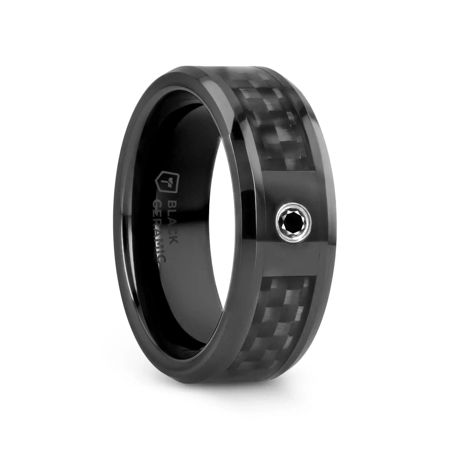 ABERDEEN Black Ceramic Band with Black Diamond and Black Carbon Fiber Inlay - 8mm - Larson Jewelers