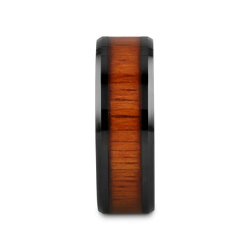 ACACIA Koa Wood Inlaid Black Ceramic Ring with Bevels - 4mm - 12mm - Larson Jewelers