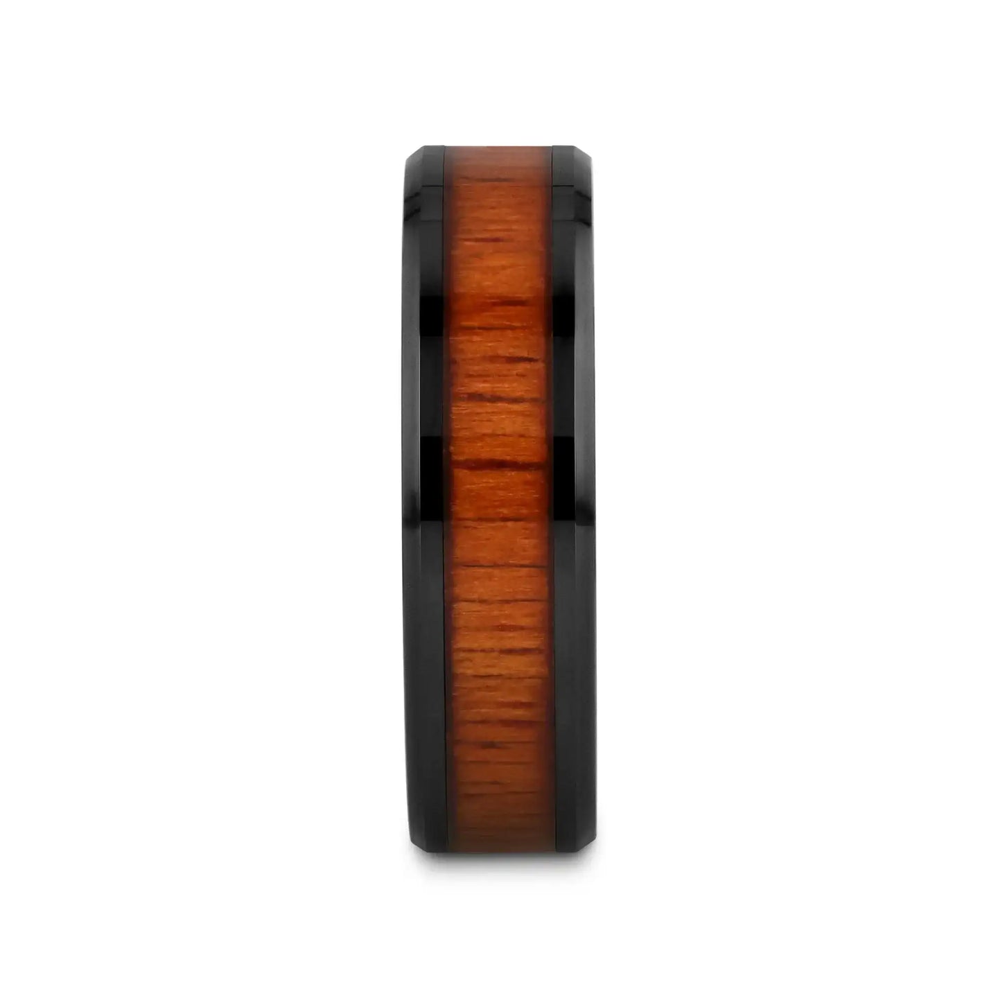ACACIA Koa Wood Inlaid Black Ceramic Ring with Bevels - 4mm - 12mm - Larson Jewelers