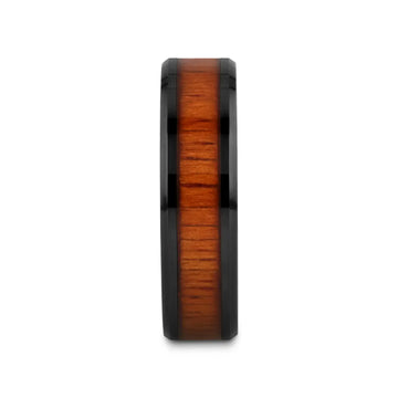 ACACIA Koa Wood Inlaid Black Ceramic Ring with Bevels - 4mm - 12mm - Larson Jewelers
