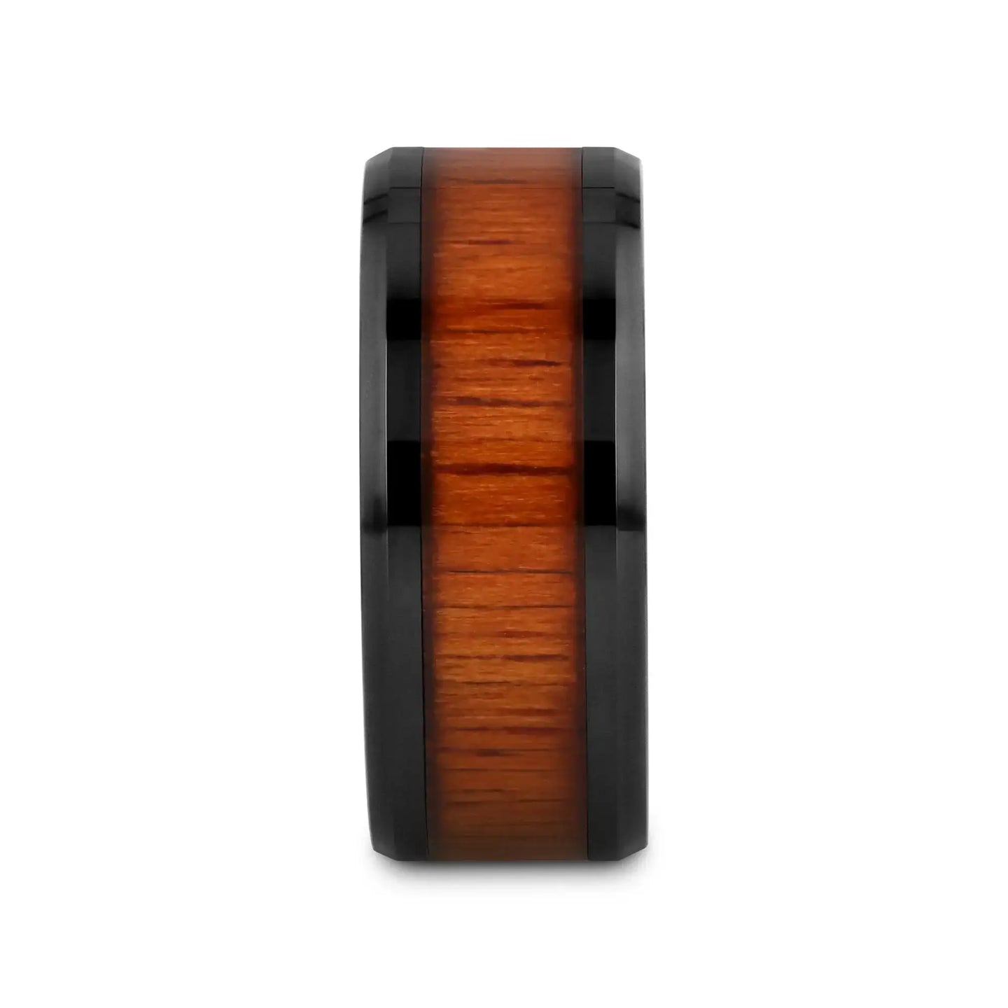 ACACIA Koa Wood Inlaid Black Ceramic Ring with Bevels - 4mm - 12mm - Larson Jewelers