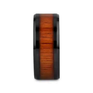 ACACIA Koa Wood Inlaid Black Ceramic Ring with Bevels - 4mm - 12mm - Larson Jewelers