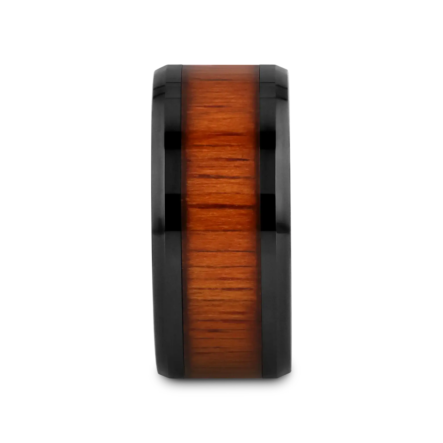 ACACIA Koa Wood Inlaid Black Ceramic Ring with Bevels - 4mm - 12mm - Larson Jewelers