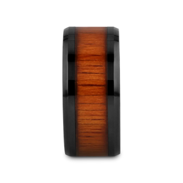 ACACIA Koa Wood Inlaid Black Ceramic Ring with Bevels - 4mm - 12mm - Larson Jewelers