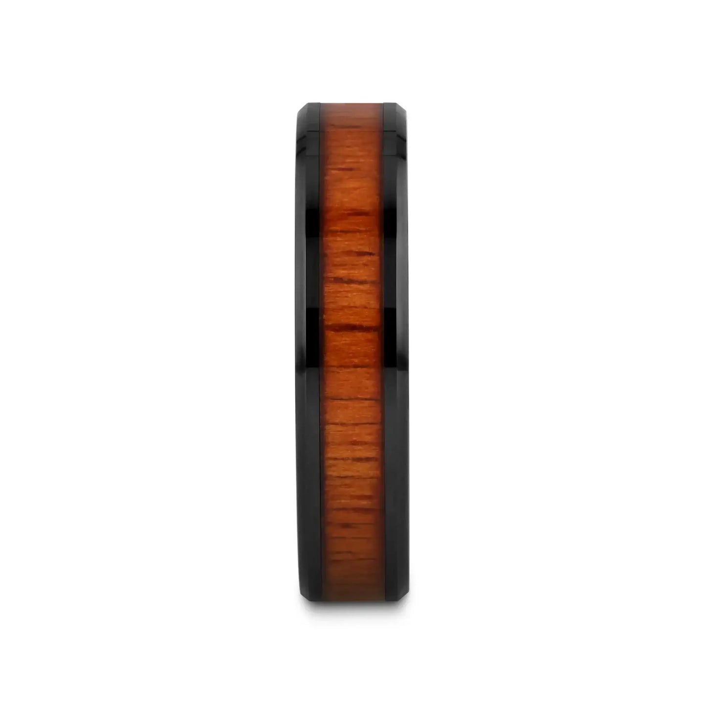 ACACIA Koa Wood Inlaid Black Ceramic Ring with Bevels - 4mm - 12mm - Larson Jewelers