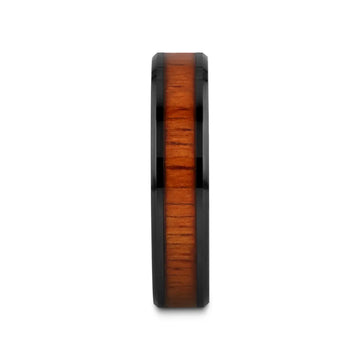 ACACIA Koa Wood Inlaid Black Ceramic Ring with Bevels - 4mm - 12mm - Larson Jewelers