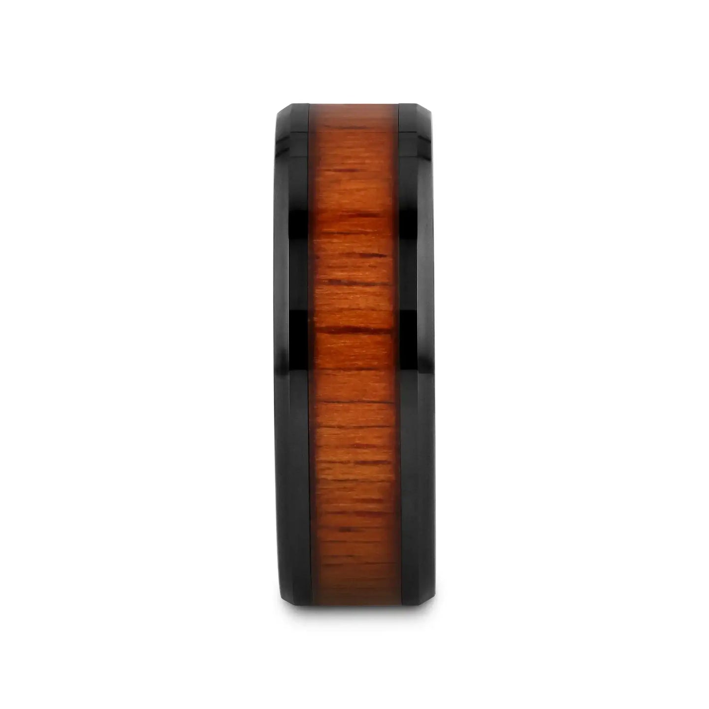 ACACIA Koa Wood Inlaid Black Ceramic Ring with Bevels - 4mm - 12mm - Larson Jewelers