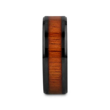 ACACIA Koa Wood Inlaid Black Ceramic Ring with Bevels - 4mm - 12mm - Larson Jewelers