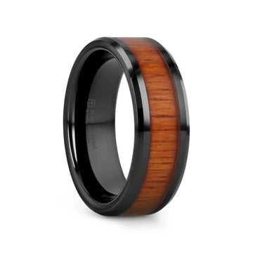 ACACIA Koa Wood Inlaid Black Ceramic Ring with Bevels - 4mm - 12mm - Larson Jewelers