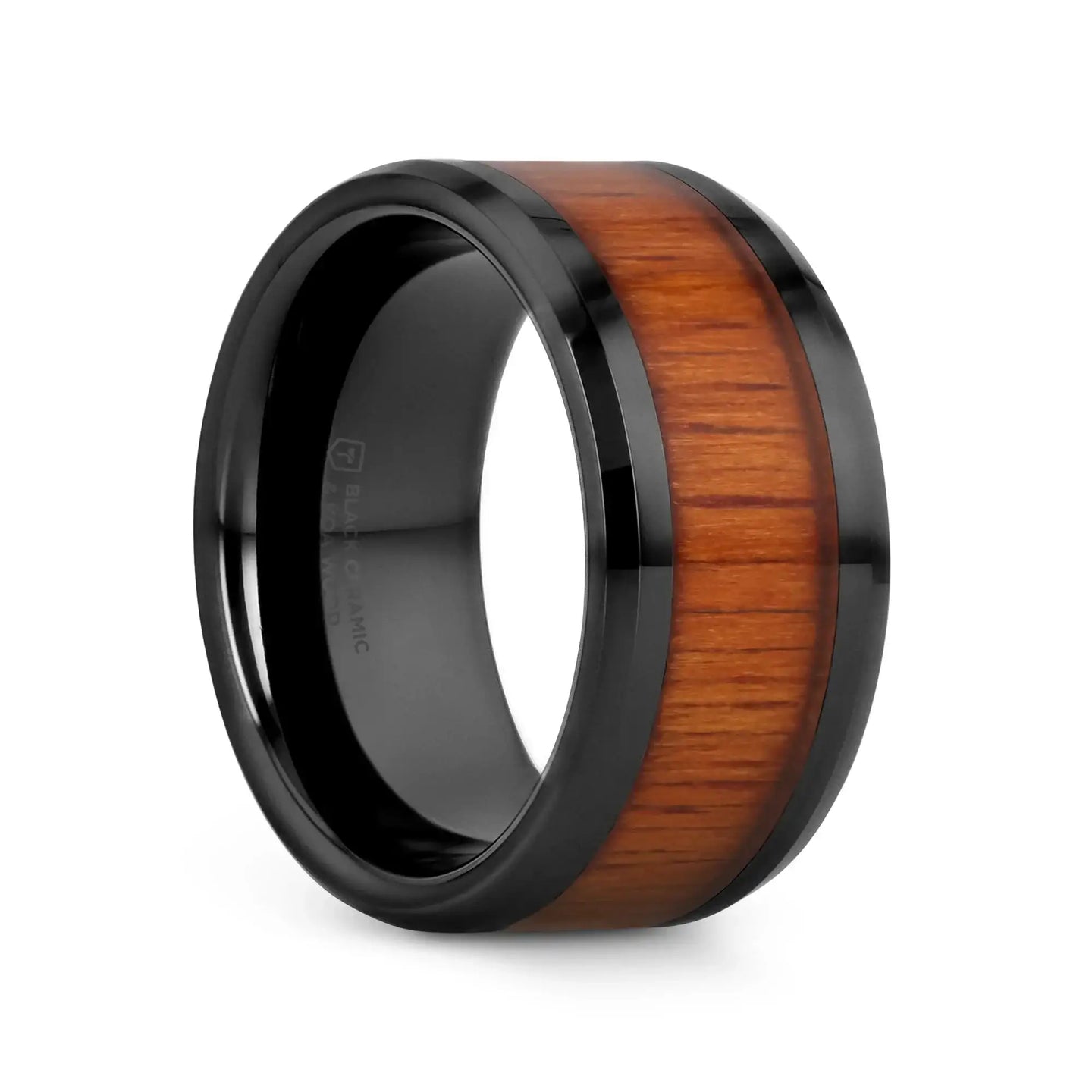 ACACIA Koa Wood Inlaid Black Ceramic Ring with Bevels - 4mm - 12mm - Larson Jewelers