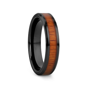 ACACIA Koa Wood Inlaid Black Ceramic Ring with Bevels - 4mm - 12mm - Larson Jewelers