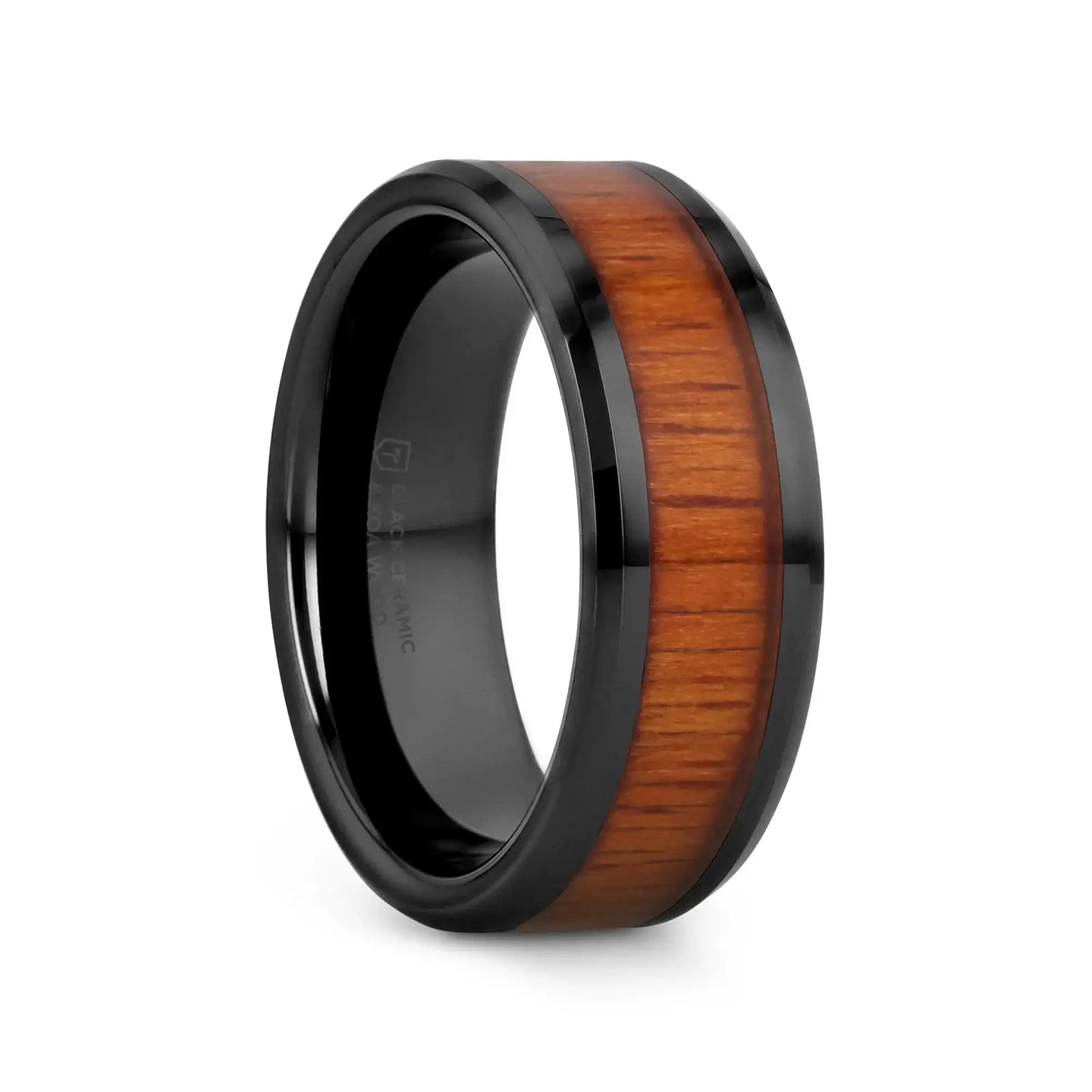 ACACIA Koa Wood Inlaid Black Ceramic Ring with Bevels - 4mm - 12mm - Larson Jewelers