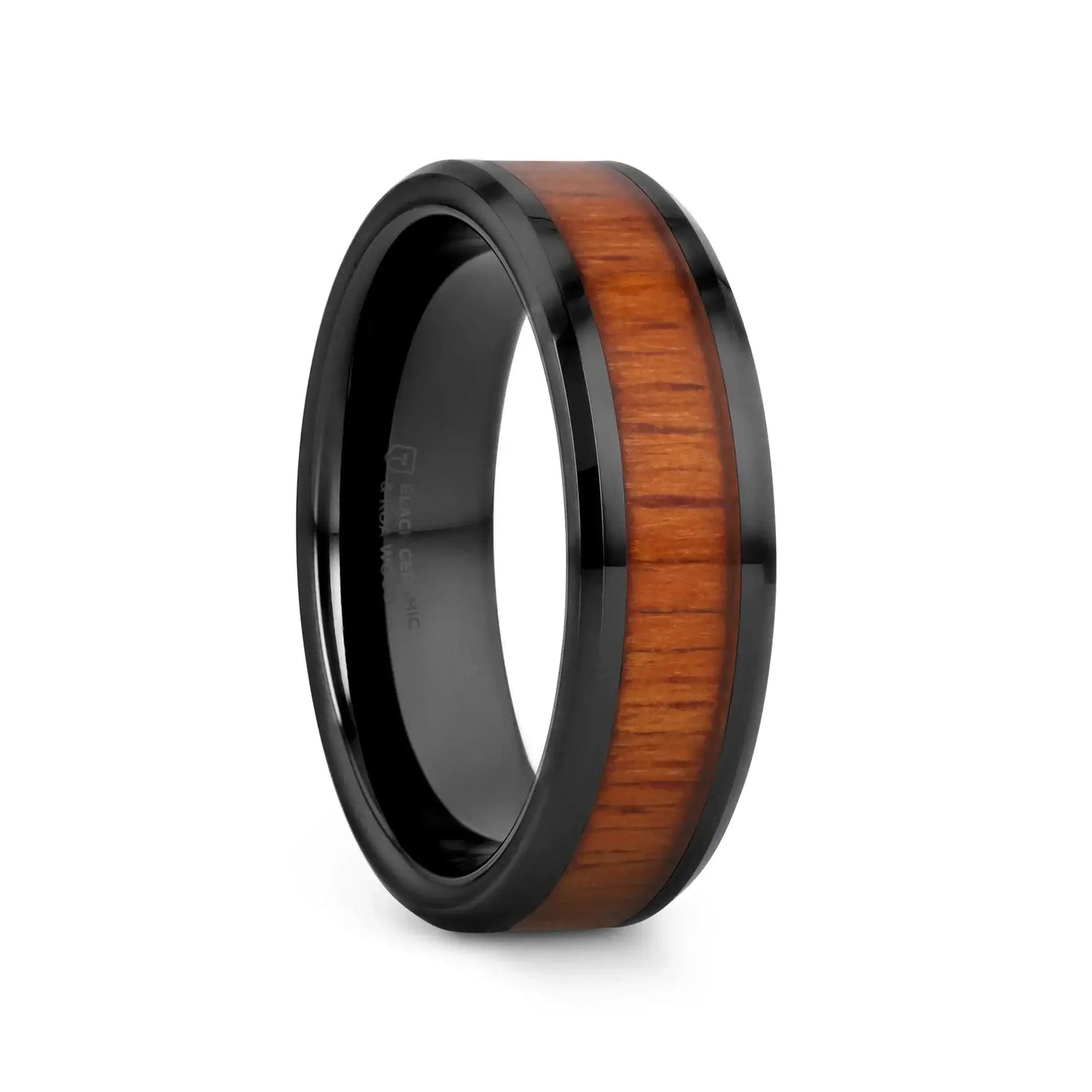 ACACIA Koa Wood Inlaid Black Ceramic Ring with Bevels - 4mm - 12mm - Larson Jewelers