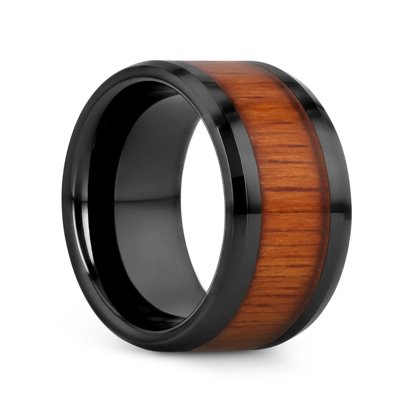 ACACIA Koa Wood Inlaid Black Ceramic Ring with Bevels - 4mm - 12mm - Larson Jewelers
