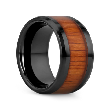 ACACIA Koa Wood Inlaid Black Ceramic Ring with Bevels - 4mm - 12mm - Larson Jewelers