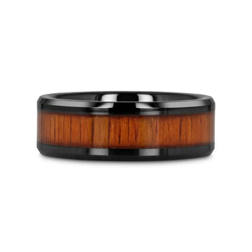 ACACIA Koa Wood Inlaid Black Ceramic Ring with Bevels - 4mm - 12mm - Larson Jewelers