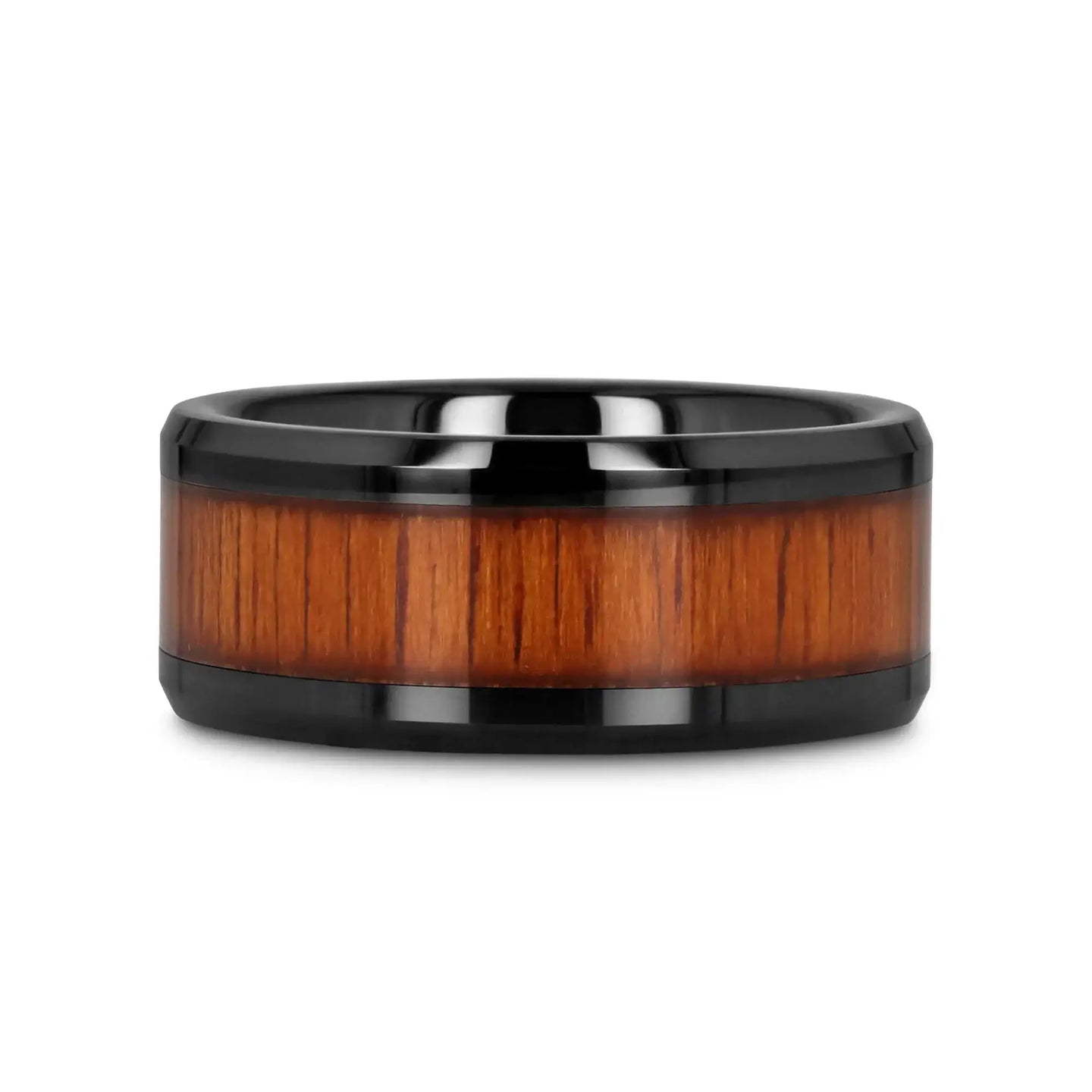 ACACIA Koa Wood Inlaid Black Ceramic Ring with Bevels - 4mm - 12mm - Larson Jewelers