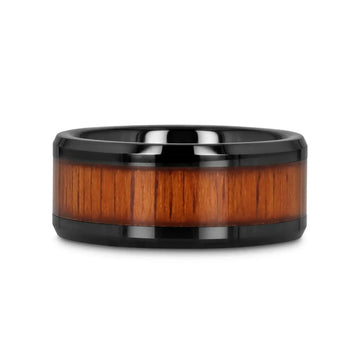 ACACIA Koa Wood Inlaid Black Ceramic Ring with Bevels - 4mm - 12mm - Larson Jewelers