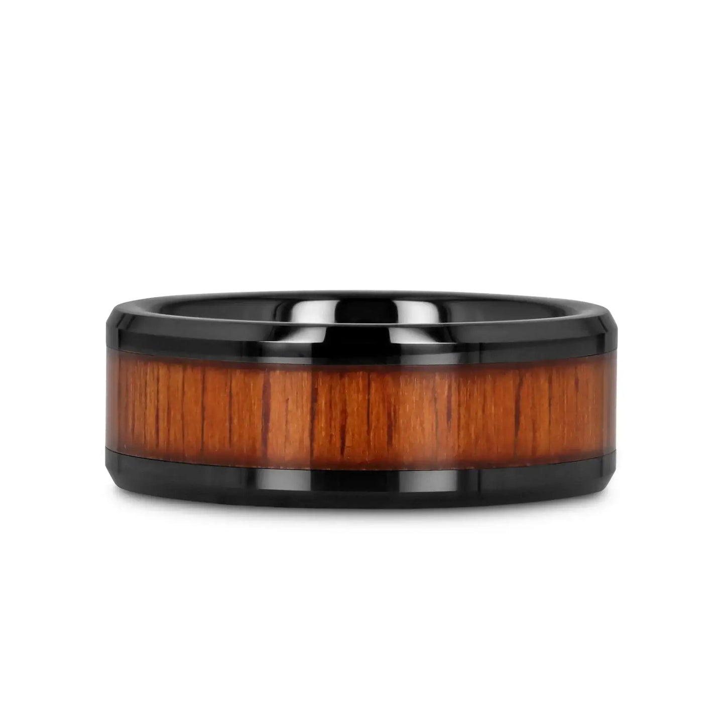 ACACIA Koa Wood Inlaid Black Ceramic Ring with Bevels - 4mm - 12mm - Larson Jewelers