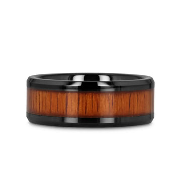 ACACIA Koa Wood Inlaid Black Ceramic Ring with Bevels - 4mm - 12mm - Larson Jewelers
