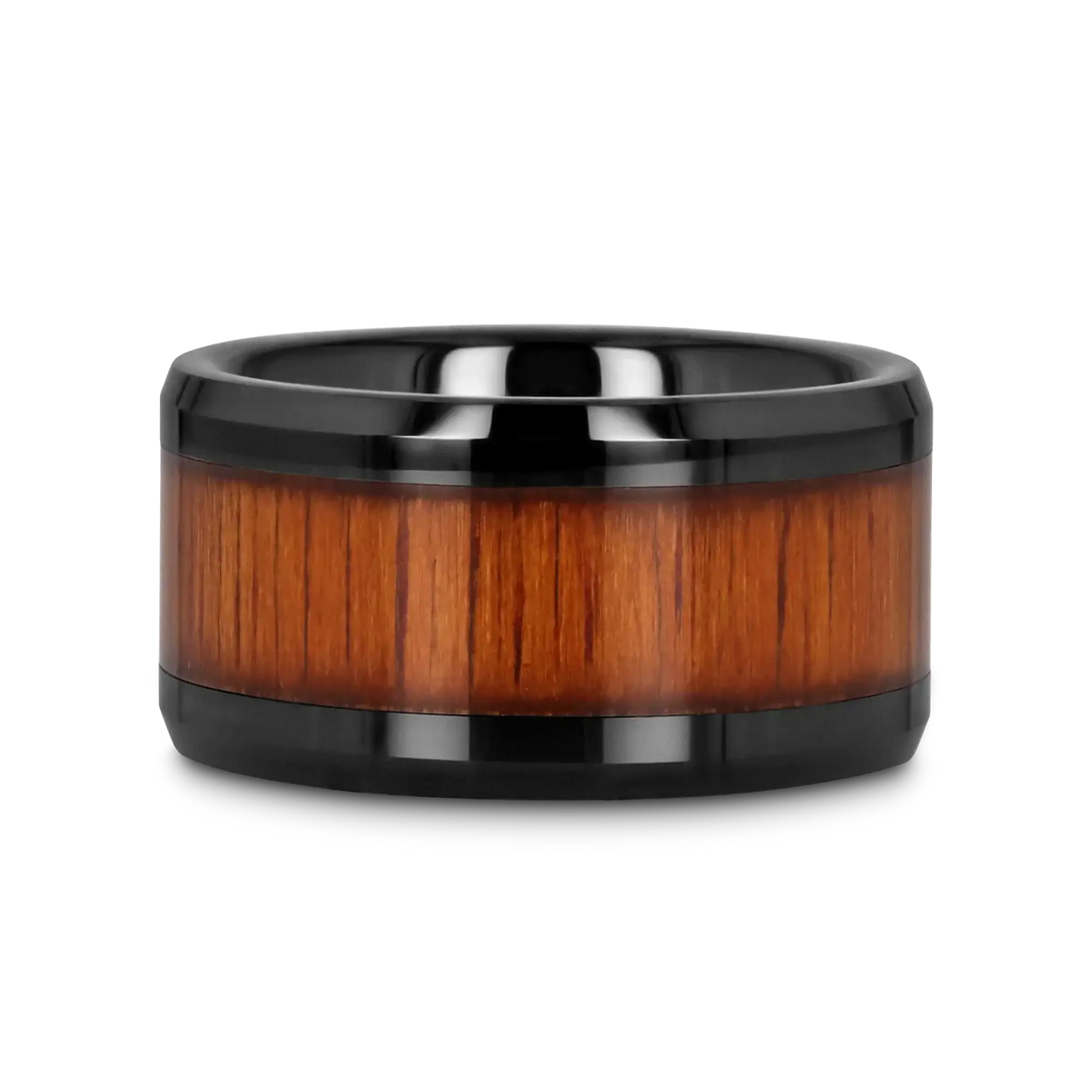 ACACIA Koa Wood Inlaid Black Ceramic Ring with Bevels - 4mm - 12mm - Larson Jewelers