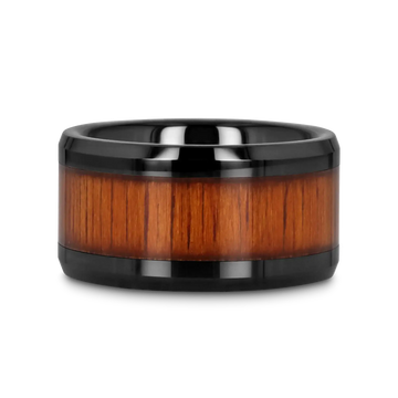 ACACIA Koa Wood Inlaid Black Ceramic Ring with Bevels - 4mm - 12mm - Larson Jewelers