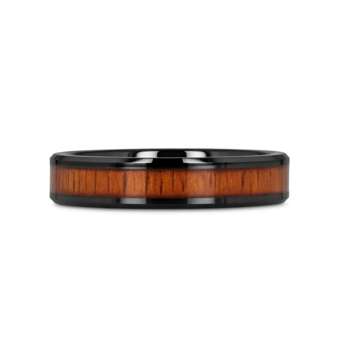 ACACIA Koa Wood Inlaid Black Ceramic Ring with Bevels - 4mm - 12mm - Larson Jewelers