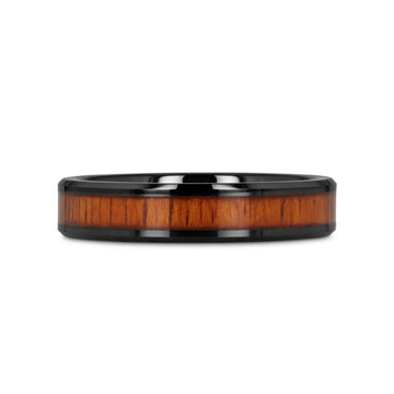 ACACIA Koa Wood Inlaid Black Ceramic Ring with Bevels - 4mm - 12mm - Larson Jewelers