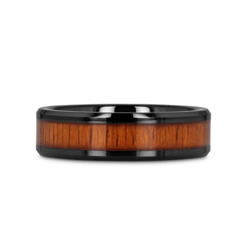 ACACIA Koa Wood Inlaid Black Ceramic Ring with Bevels - 4mm - 12mm - Larson Jewelers