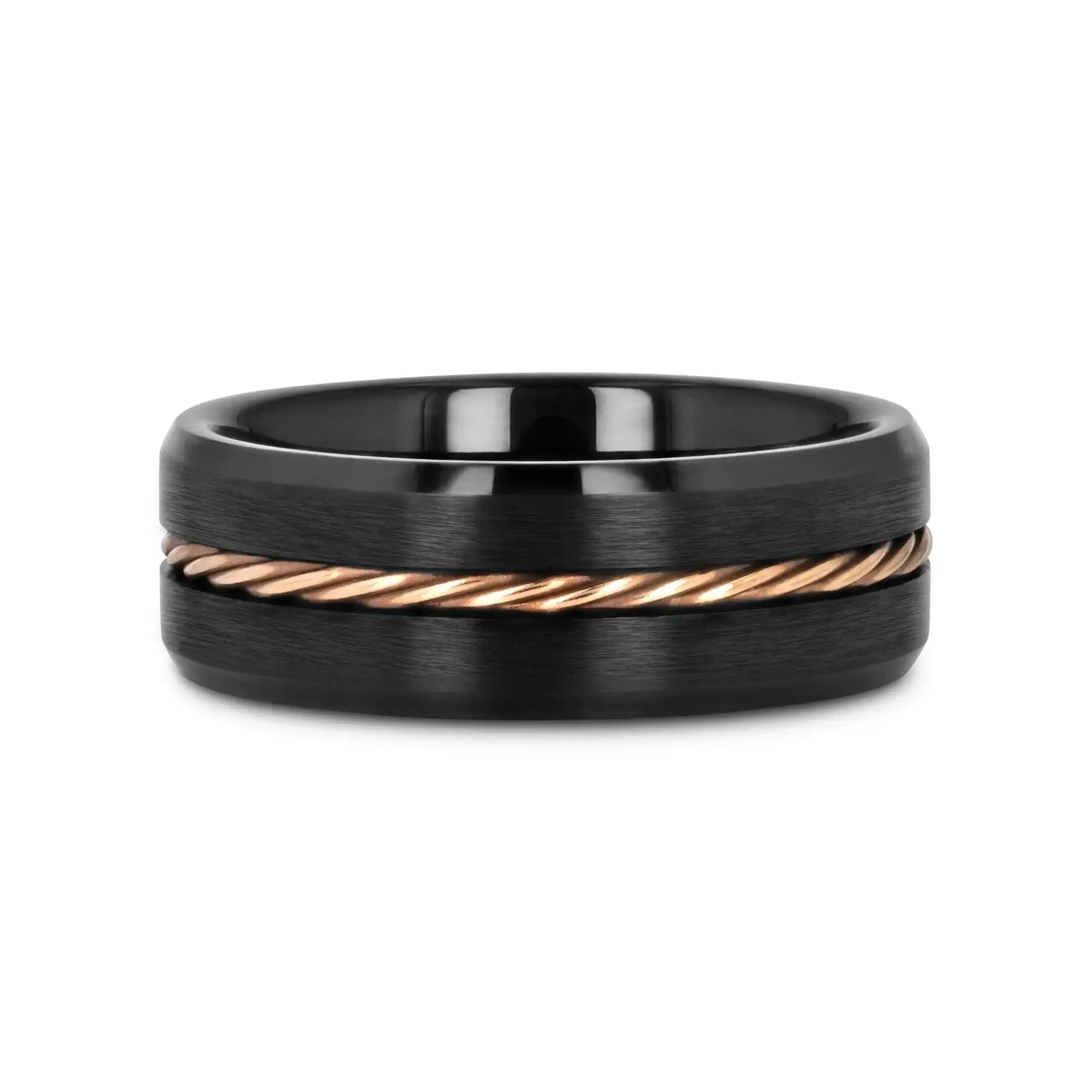 ADELARD Rose Gold Braided Cable Black Tungsten Men’s Wedding Band, Brushed Center with Polished Beveled Edges – 8mm - Larson Jewelers