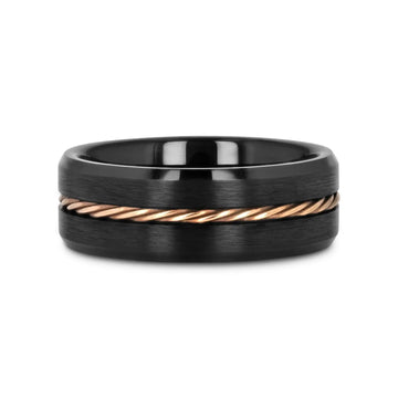 ADELARD Rose Gold Braided Cable Black Tungsten Men’s Wedding Band, Brushed Center with Polished Beveled Edges – 8mm - Larson Jewelers