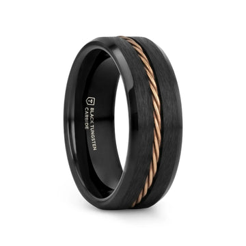 ADELARD Rose Gold Braided Cable Black Tungsten Men’s Wedding Band, Brushed Center with Polished Beveled Edges – 8mm - Larson Jewelers