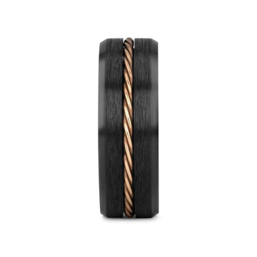 ADELARD Rose Gold Braided Cable Black Tungsten Men’s Wedding Band, Brushed Center with Polished Beveled Edges – 8mm - Larson Jewelers