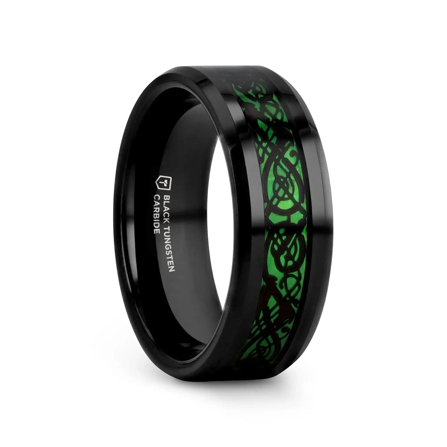 ALLURE Black Dragon Design with Green Background Inlaid Black Tungsten Men's Ring, Clear Coating, Beveled Edge - 8mm - Larson Jewelers