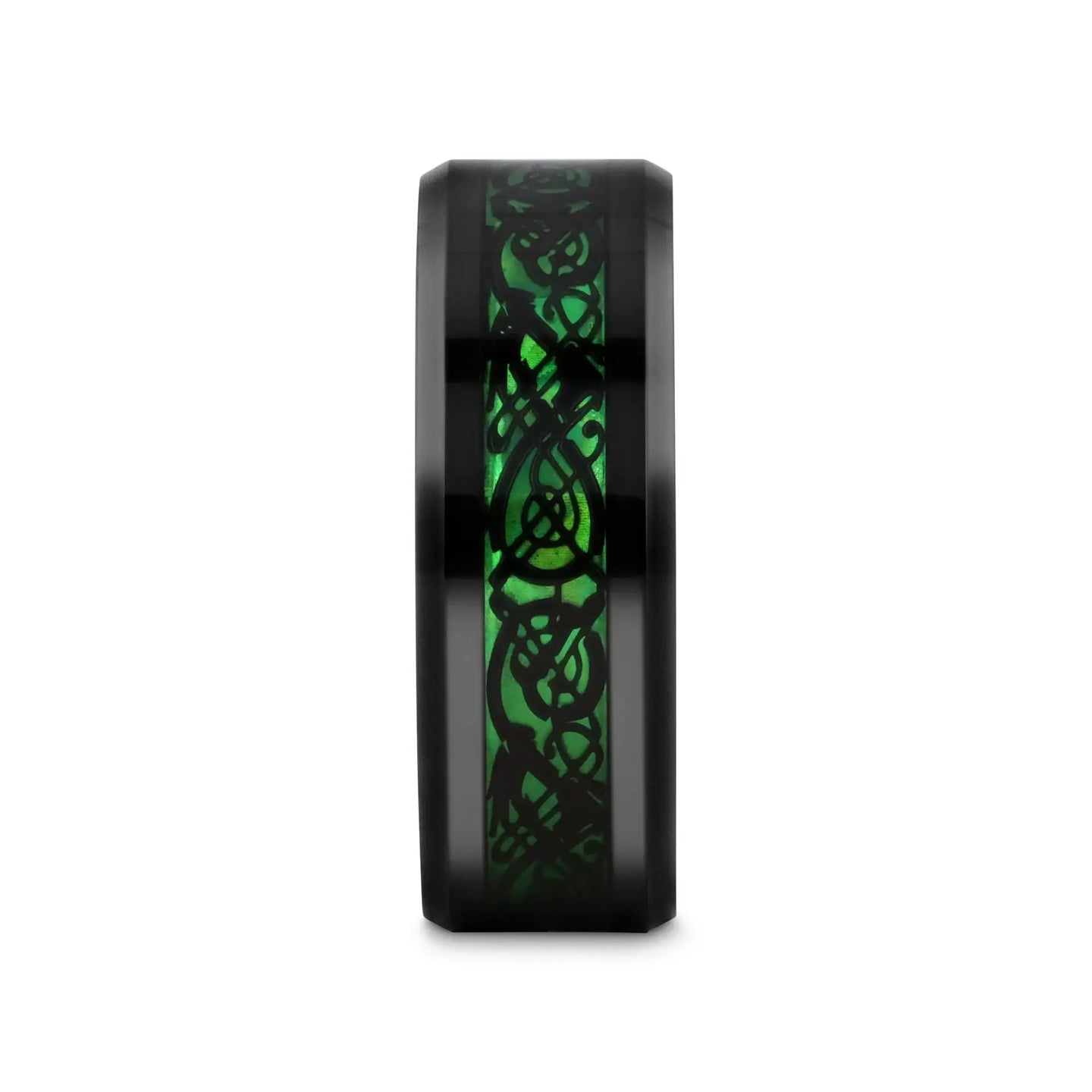 ALLURE Black Dragon Design with Green Background Inlaid Black Tungsten Men's Ring, Clear Coating, Beveled Edge - 8mm - Larson Jewelers
