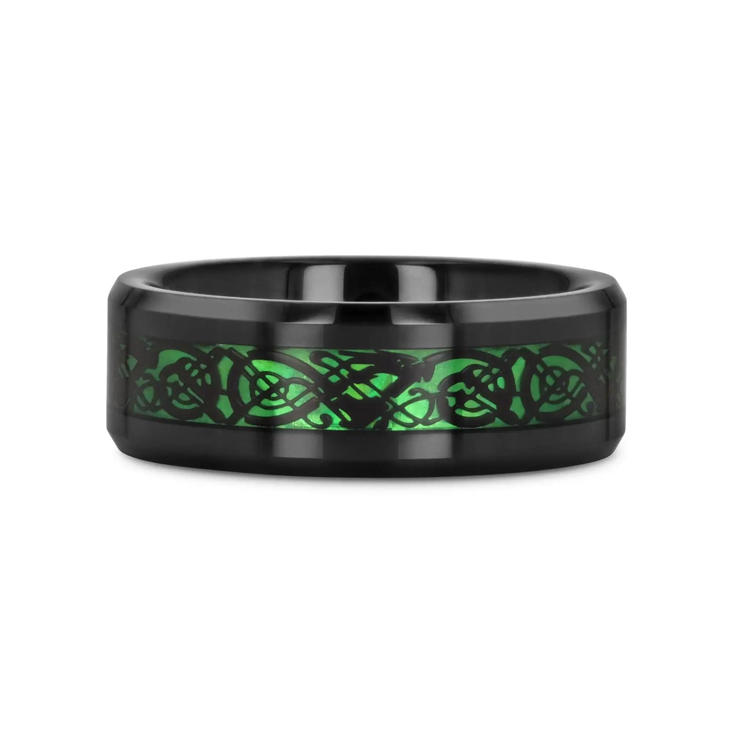 ALLURE Black Dragon Design with Green Background Inlaid Black Tungsten Men's Ring, Clear Coating, Beveled Edge - 8mm - Larson Jewelers