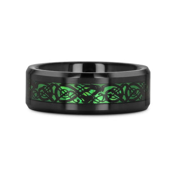 ALLURE Black Dragon Design with Green Background Inlaid Black Tungsten Men's Ring, Clear Coating, Beveled Edge - 8mm - Larson Jewelers