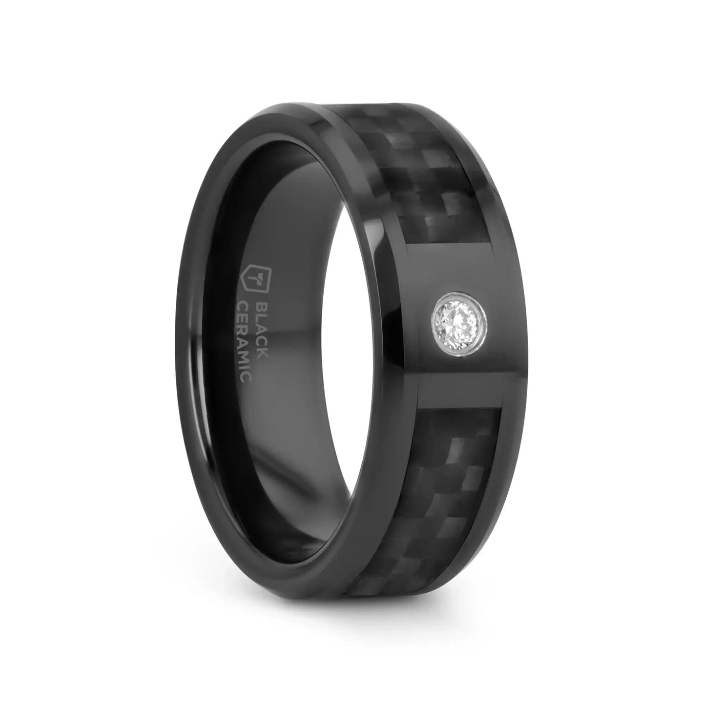 ANGUS Black Ceramic Wedding Band with Black Carbon Fiber Inlay and White Diamond- 8mm - Larson Jewelers