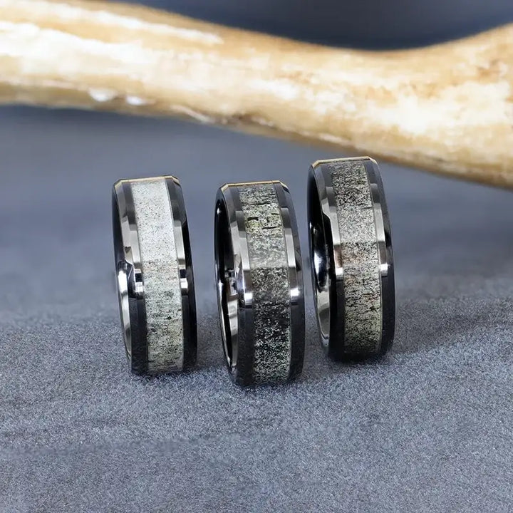 TRES Beveled Black Ceramic Polished Men's Wedding Band with Ombre Antler Inlay - 8mm - Larson Jewelers