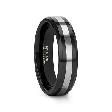 ASTADI Polished Black Beveled Ceramic with Tungsten Inlay - 6mm & 8mm (Limited Stock) - Larson Jewelers