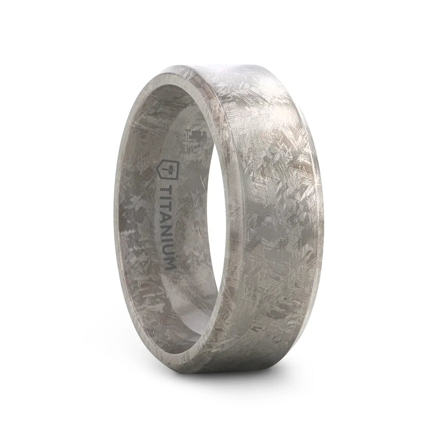 ASTRAIOS Flat Titanium Ring with Beveled Edges and Meteorite Pattern - 8mm - Larson Jewelers