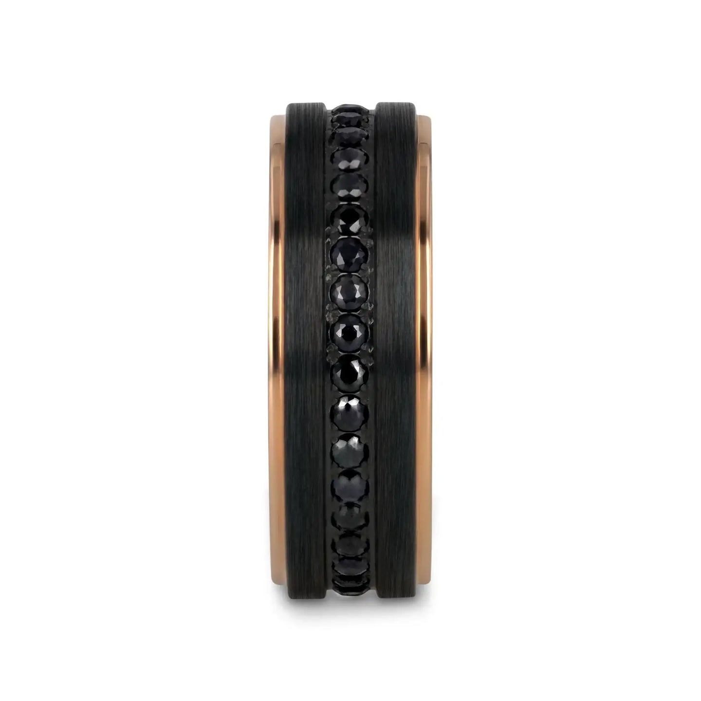 ASTRO Flat Brushed Black Titanium Ring with Rose Gold Plated Edge and Black Sapphire Settings All Around - 8mm - Larson Jewelers