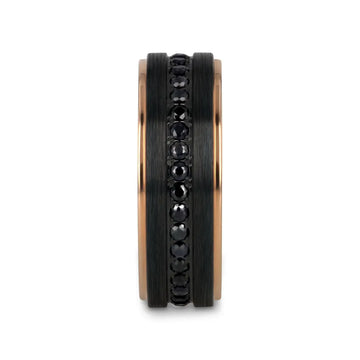 ASTRO Flat Brushed Black Titanium Ring with Rose Gold Plated Edge and Black Sapphire Settings All Around - 8mm - Larson Jewelers