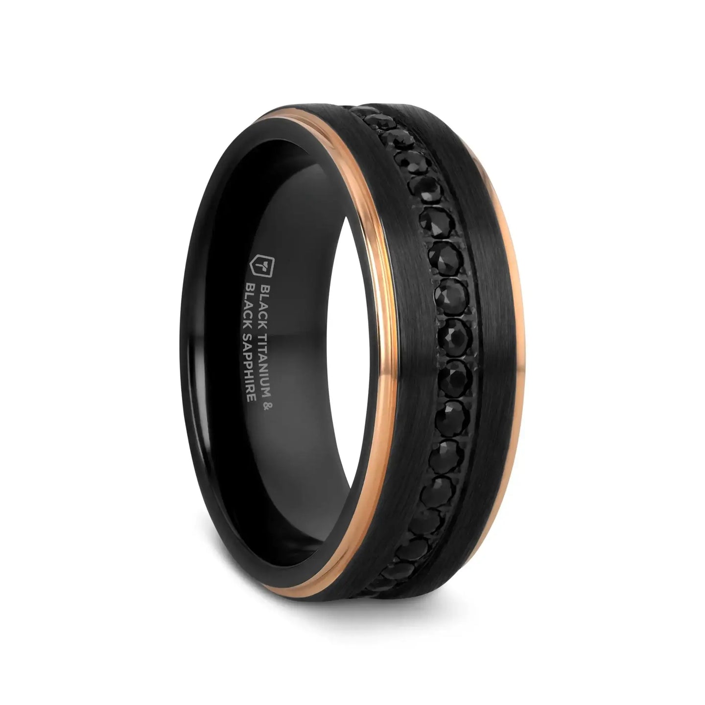 ASTRO Flat Brushed Black Titanium Ring with Rose Gold Plated Edge and Black Sapphire Settings All Around - 8mm - Larson Jewelers